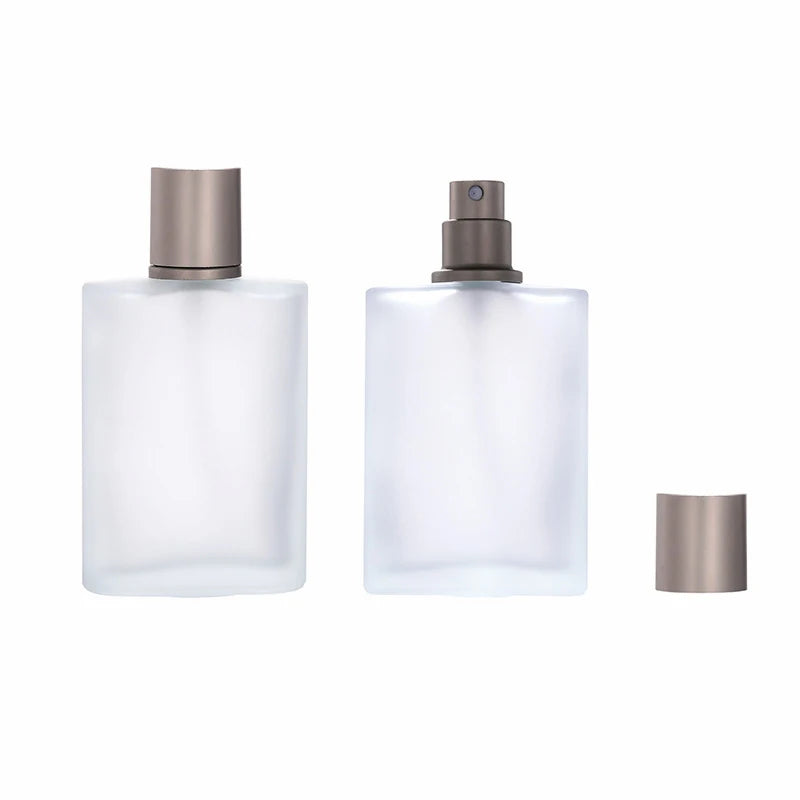 Hot Selling 30ml 50ml 100ml Frosted Glass Perfume Bottles Empty Refillable Flat Round Spray Perfume Bottle Gray Lid Pump Sprayer