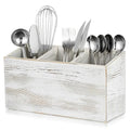 Kitchen Utensil Holder with 3 Compartments - Wooden Cooking Utensils Organizer Vintage Washed White Cutlery Holder