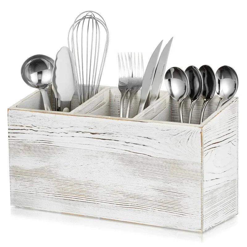 Kitchen Utensil Holder with 3 Compartments - Wooden Cooking Utensils Organizer Vintage Washed White Cutlery Holder