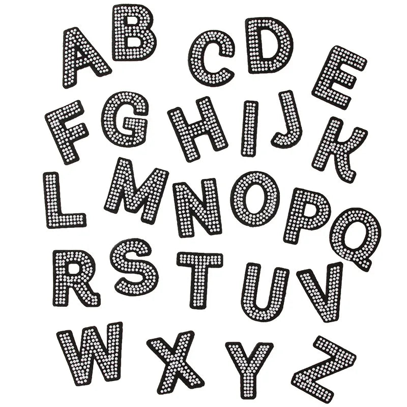 High Quality  Iron on  5.5CM DIY Accessories Ceramic White Diamond  Black Letter Patches Applique