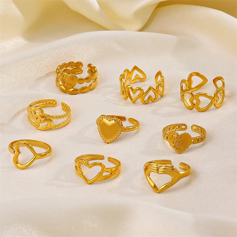 Minimalist Non Tarnish PVD 18k Gold Plated Jewelry Hiphop Opening Adjustable Stainless Steel Hollow Heart Rings