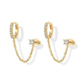 14K Gold Cubic Zirconia Single Stud Ear Cuff Earrings Double Piercing Dangle Chain Huggie Hoop Earrings for Women