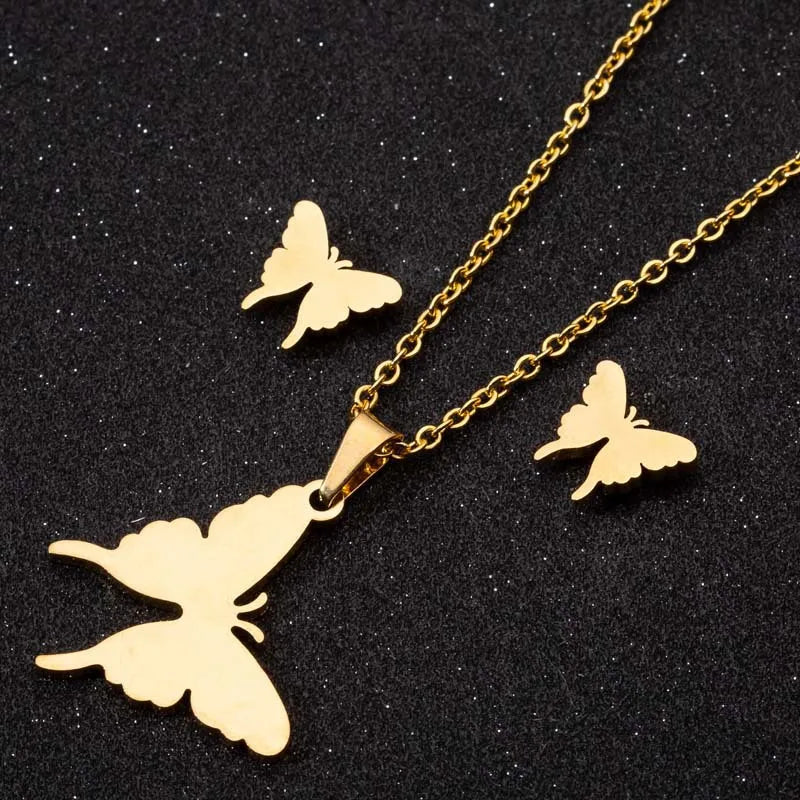 Elegant Female Gift 18K Gold Silver Plated Stainless Steel Butterfly Pendant Earring Necklace Jewelry for Women Ladies