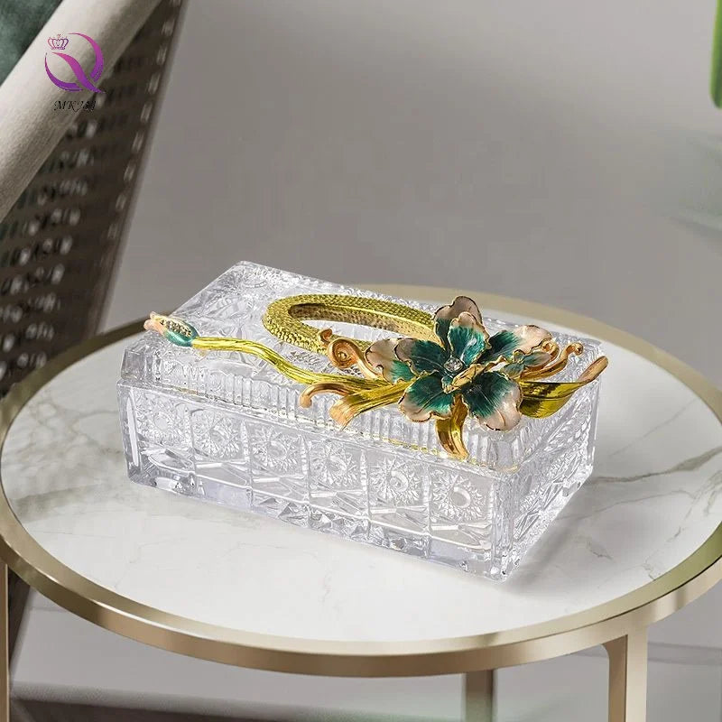 Hand Drawn Fish and Flower Enamel Colored Tissue Box Modern Light Luxury Clear Glass Storage Box for Dining Room Home Decor