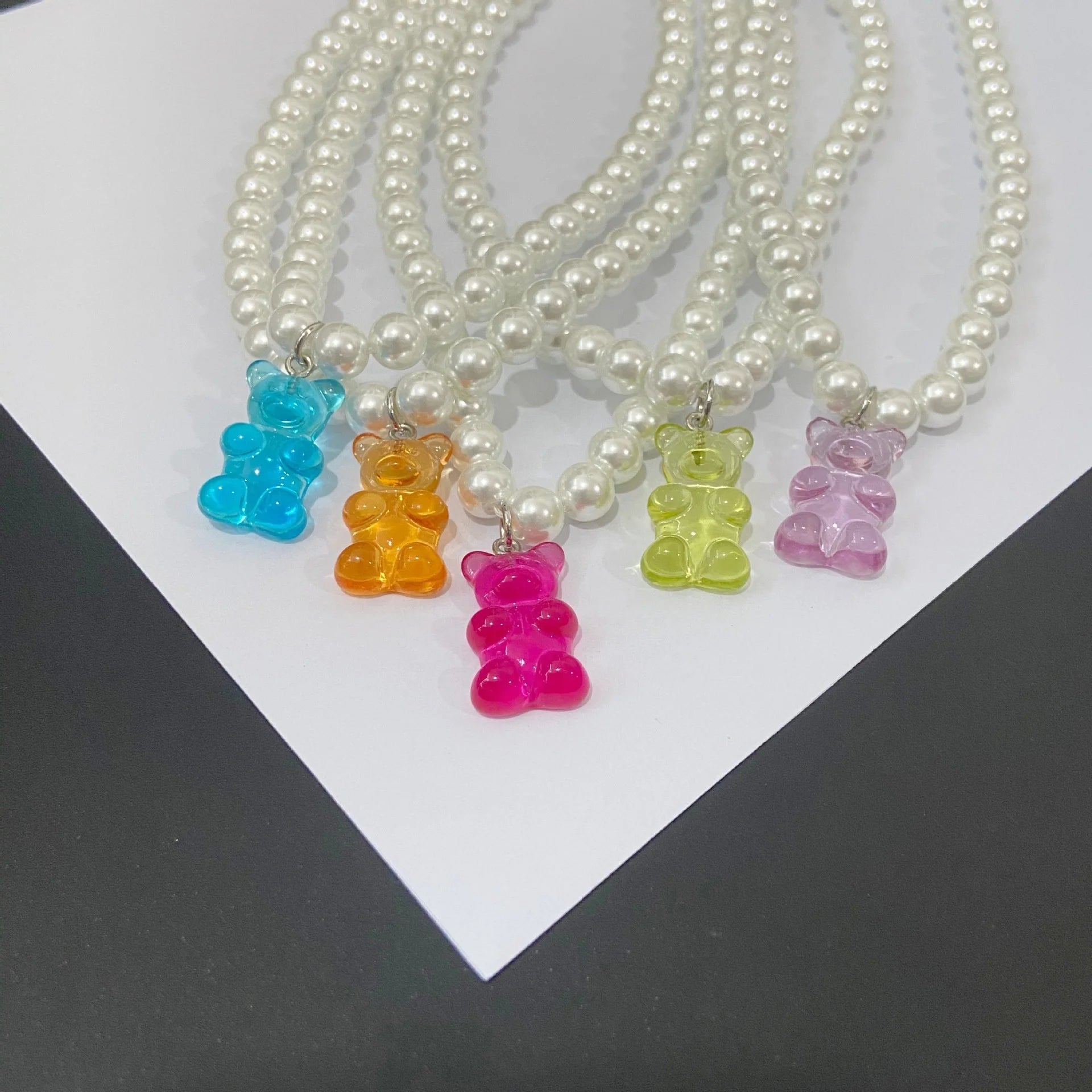 Korean Style Colorful Gummy Bear Chain Necklace with Pearl Jewelry Glass Pendant Necklace for Women