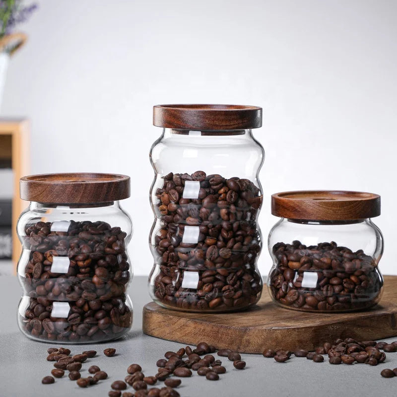 New Design Wave Shape Tea/Coffee Bean/Sugar/Cookie/Spice Food Storage Container Airtight Food Jars with Acacia Wooden Lid