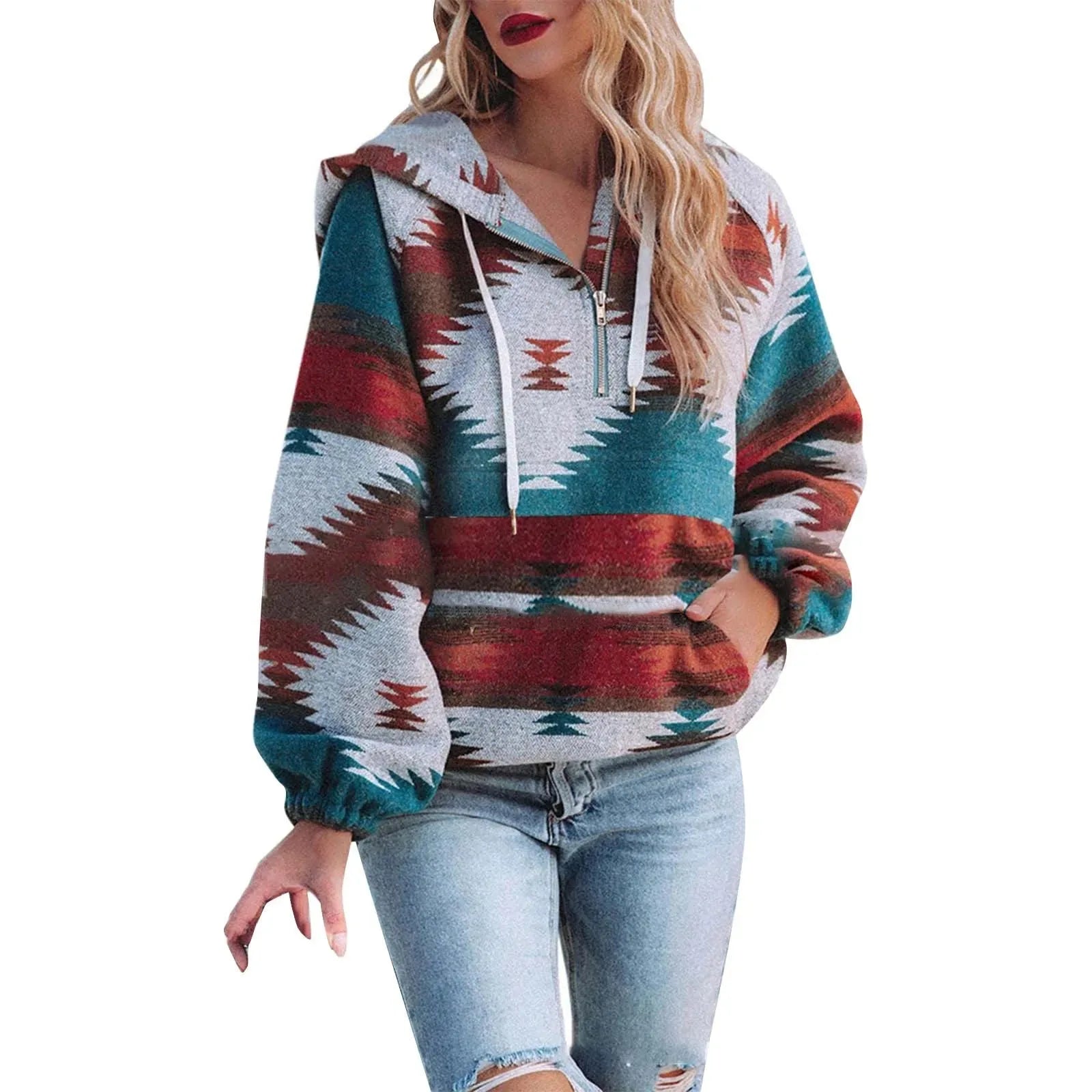 2025 Long Sleeve Pull Over Femme Autumn Winter Warm Hooded Jackets Loose Women Pullover Tribal Aztec Hoodies