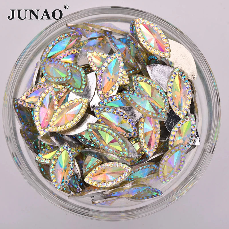JUNAO 7x15mm Rhinestone Wholesale Flat Back Resin Stones Crystal AB Horse Eye Resin Crystal