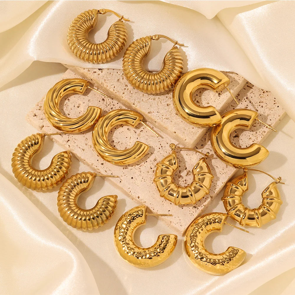 Waterproof Stainless Steel Gold Plated Hollow Hoop Earrings Tarnish Free Large Screw Twisted CC Chunky Hoop Earrings for Women