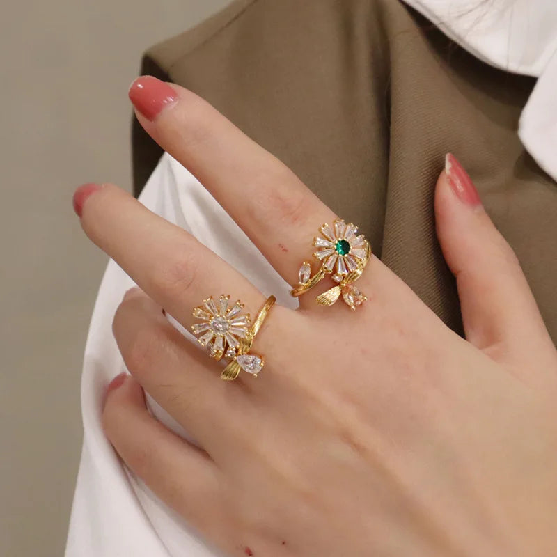 New Arrivals Flower Fotating Zircon Crystal Rotating Ring Adjustable Opening Finger Rings