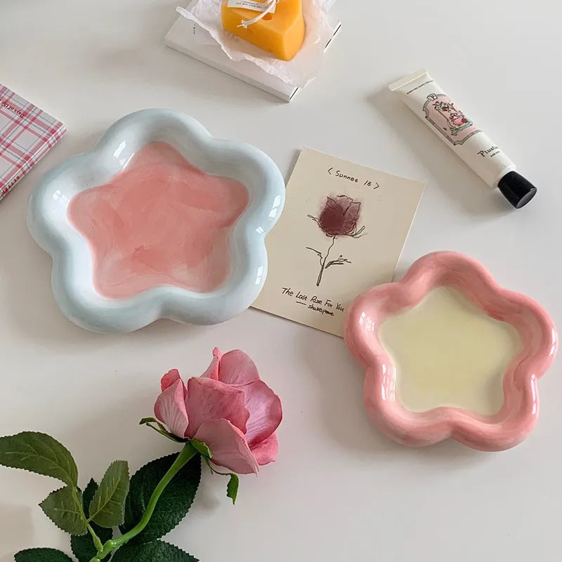 Solhui Korea Hand-painted Ceramic Chubby Flower Plates Cake Dessert Tableware Varieties Plate Dining Dish Organizer