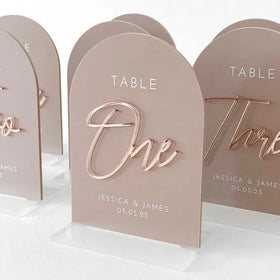 3d Mirror Gold Lettering Acrylic Wedding Table Number Luxury Wedding and Events White Brown Colored Table Stand Numbers 1 - 10