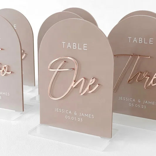 3d Mirror Gold Lettering Acrylic Wedding Table Number Luxury Wedding and Events White Brown Colored Table Stand Numbers 1 - 10