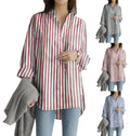 S-5XL Autumn and Winter Vertical Stripe Long-sleeved Modern Style Women's Shirt Long-sleeved Long Standing Collar Shirt