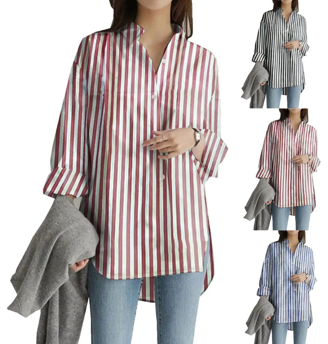S-5XL Autumn and Winter Vertical Stripe Long-sleeved Modern Style Women's Shirt Long-sleeved Long Standing Collar Shirt