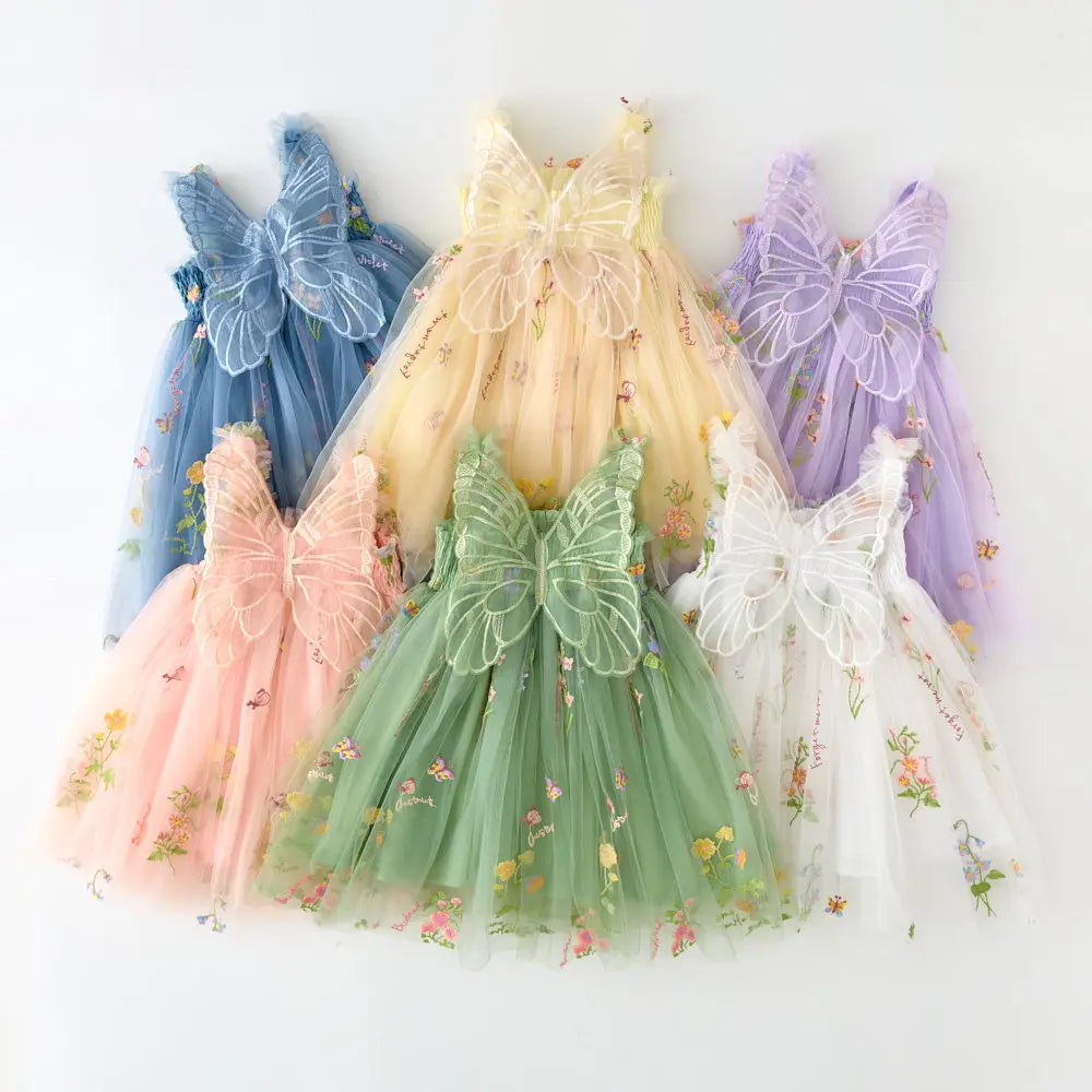 2024 New Children butterfly Dress Summer Girls Fluffy Party Gauze Dresses Flower Lace Baby Girl Dress