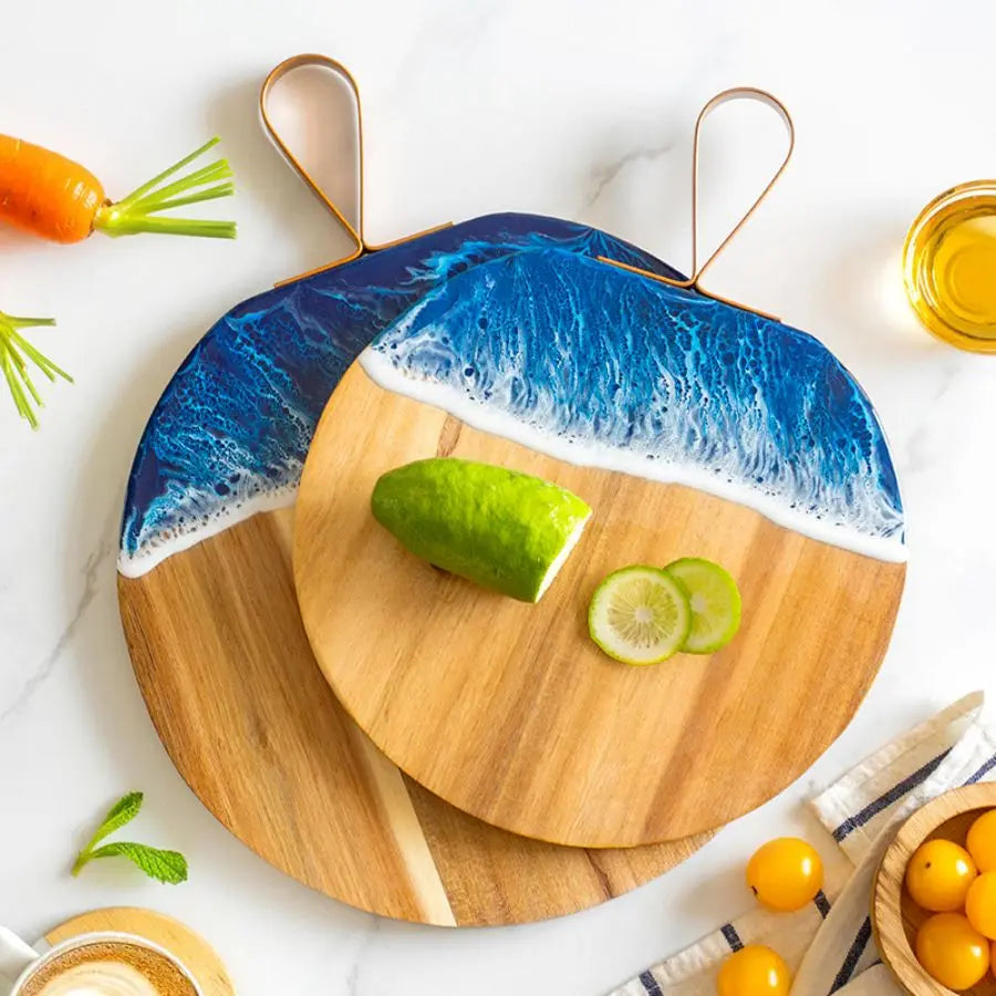 2024 New Wave Western Household Fruit Cutting Board Acacia Wood Steak Chopping Block Resin Stitching Creative Design Blue Safe