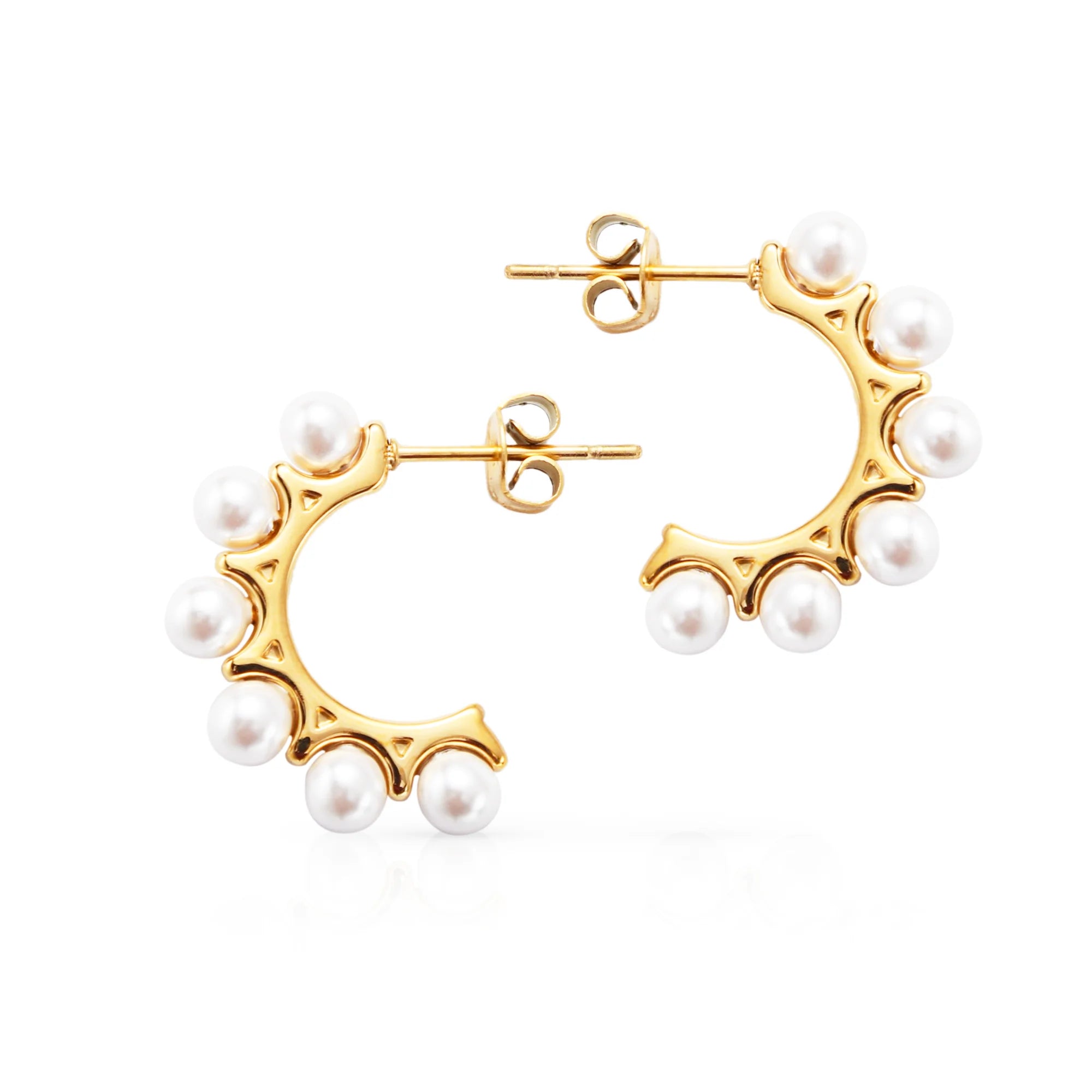 Chris April Fashion Jewelry 316L Stainless Steel 18k PVD Plated Vintage Pearls C Shape Hoop Stud Earrings
