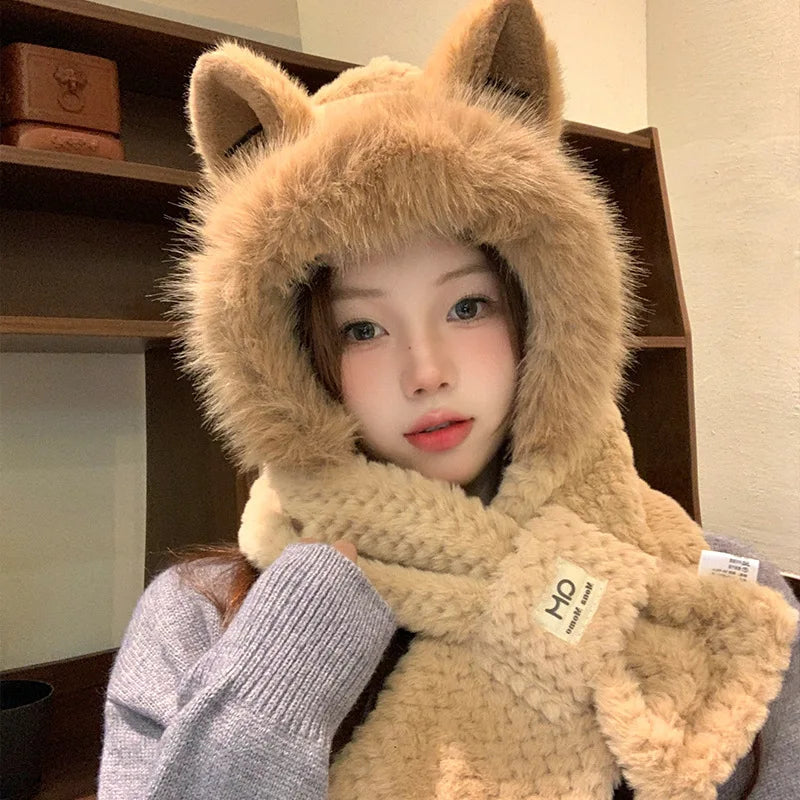 Winter Cute Fluffy Warm Fox Ears Hat Effect Two-Piece Lei Feng Hat Set