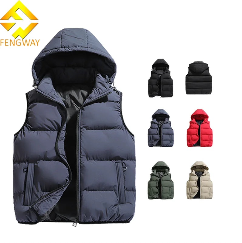Custom Men's Plus Size Cotton Puffer Vest Hooded Windbreaker Waistcoat with Sleeveless Design Breathable Casual Style for Winter