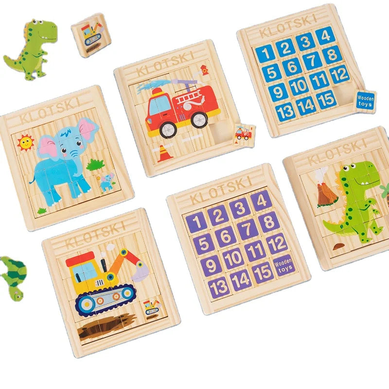 Educational Jigsaw Puzzle Huarongdao for Children Learning with Various Pictures of Animal and Number Wooden Toy