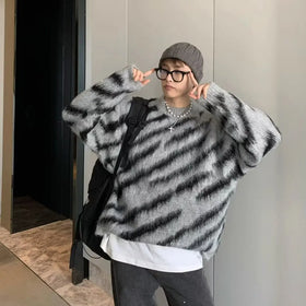M-XXL Loose Plush Knit Coat Zebra Pattern Long Sleeve Round Neck Sweater