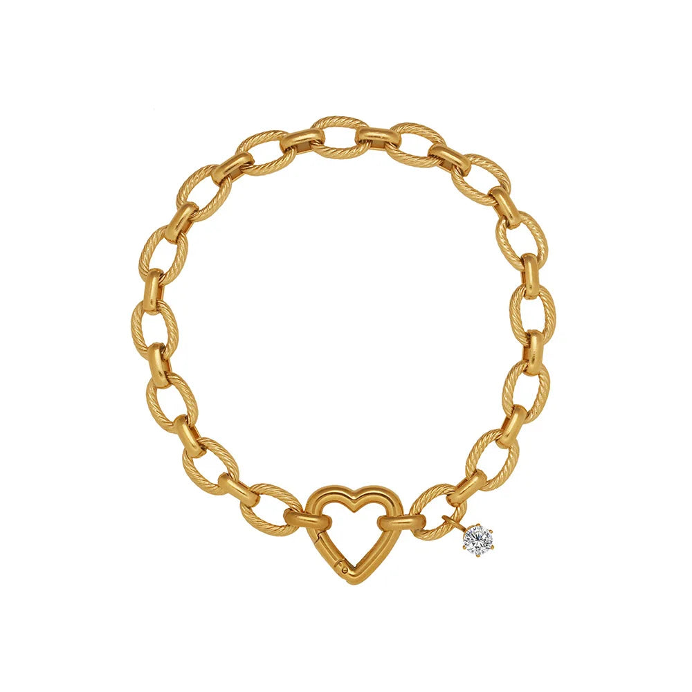 Fashion Stainless Steel Thick Handmade Link Chain Heart Clasp Charm Bracelet with Charm Holder Clasp