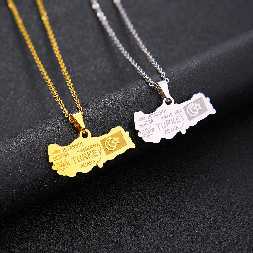 Stainless Steel Enameled Turkey Map Charm Chain Necklace 18K Gold Plated Enamel Turkish National Flag Map Turks Pendant Necklace