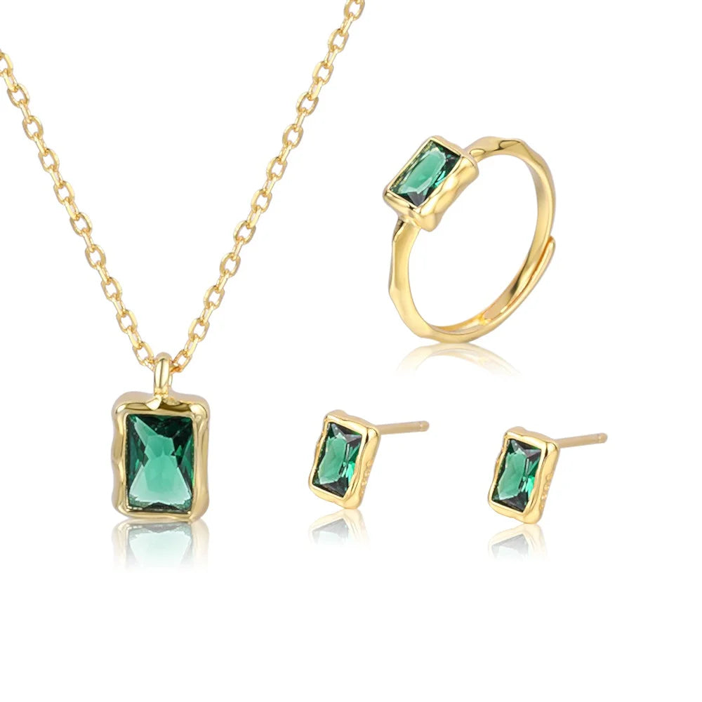 925 Sterling Silver Green Zircon Emerald Crystal Charm Necklace Ring and Earring Jewelry Set for Women