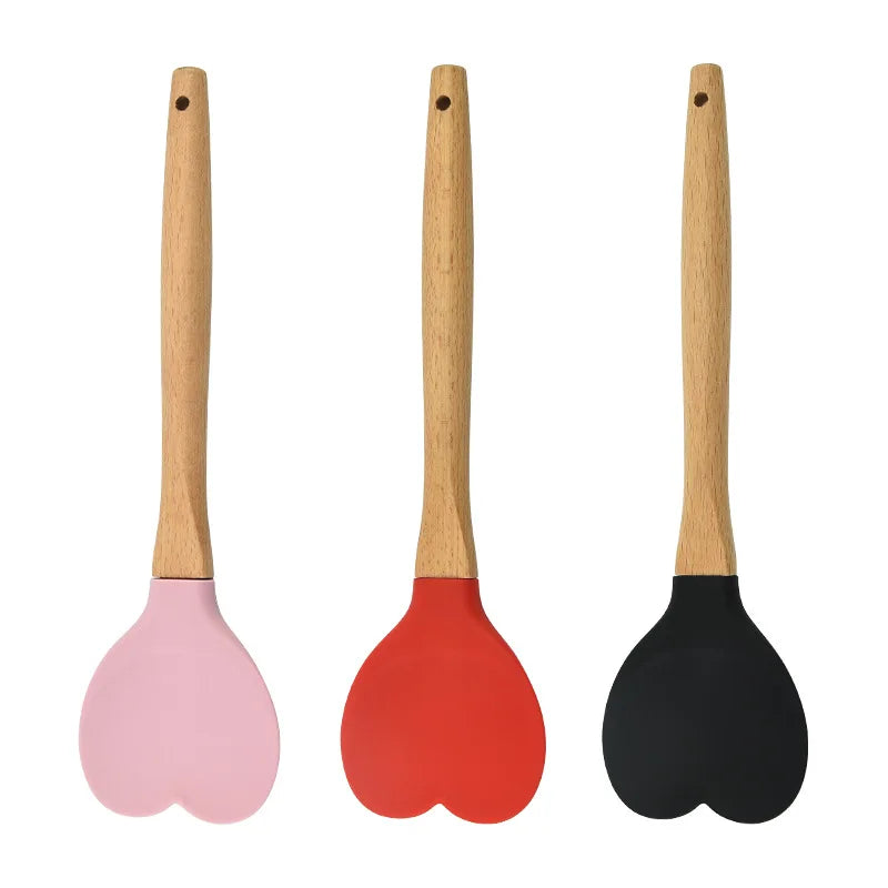 Heart Shape Spatula with Wooden Handle Non-Stick Baking Spatula