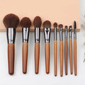 9-Piece Wooden Makeup Brush Set with Brown Handle Includes Powder and Highlight Brushes for Face and Eye Beauty Tools