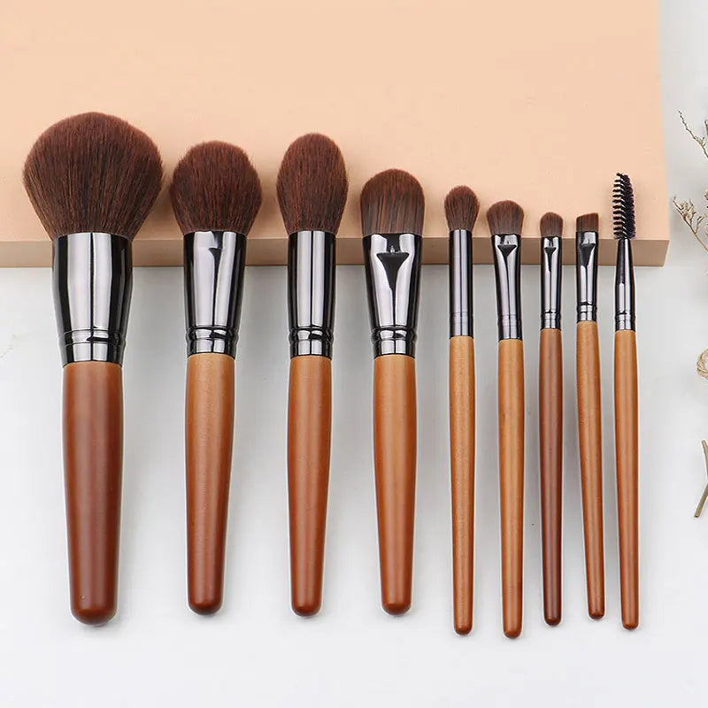 9-Piece Wooden Makeup Brush Set with Brown Handle Includes Powder and Highlight Brushes for Face and Eye Beauty Tools