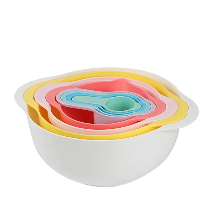 8-Piece Plastic Nesting Bowls Set Household Kitchen Food Grade Mixing Bowls with Measuring Cups Sieve Colander