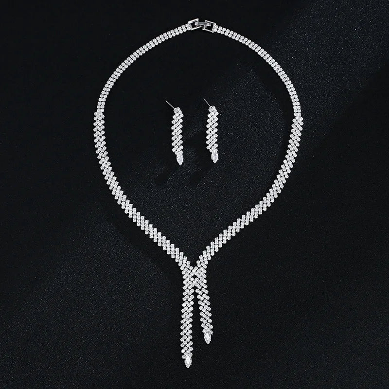 New Bridal Bridesmaid Jewelry Set Double Row Zircon Wedding Earring Necklace Elegant Tassel Jewelry Set for Women