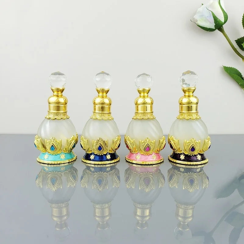 Empty 15ml Luxury Essential Oil Glass Bottle Metal case  Pocket Arabian Attar Bottle with Glass Stick