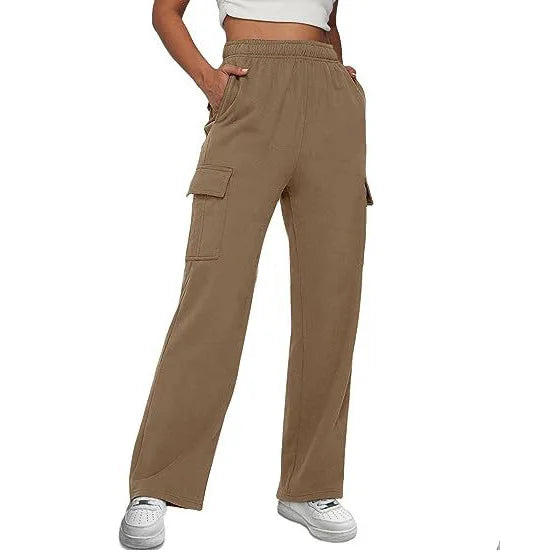New Arrival Casual Wid Leg Pants High Waist Ladies Trousers Solid Color Pockets Cargo Pants for Girls