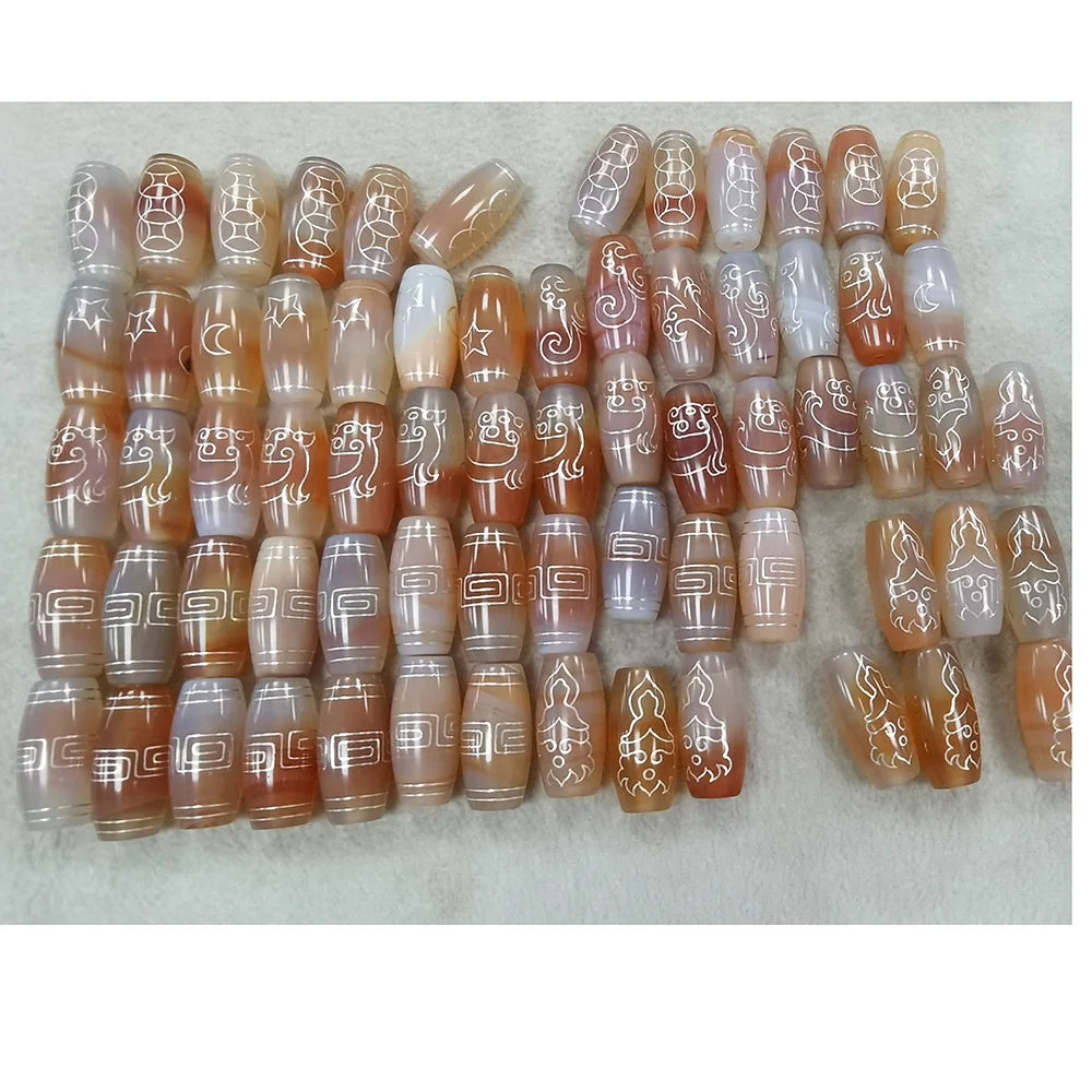 Fengshui White Agate Lucky Tibetan Dzi Beads Tianhzu Engraved With Silver Lines Design