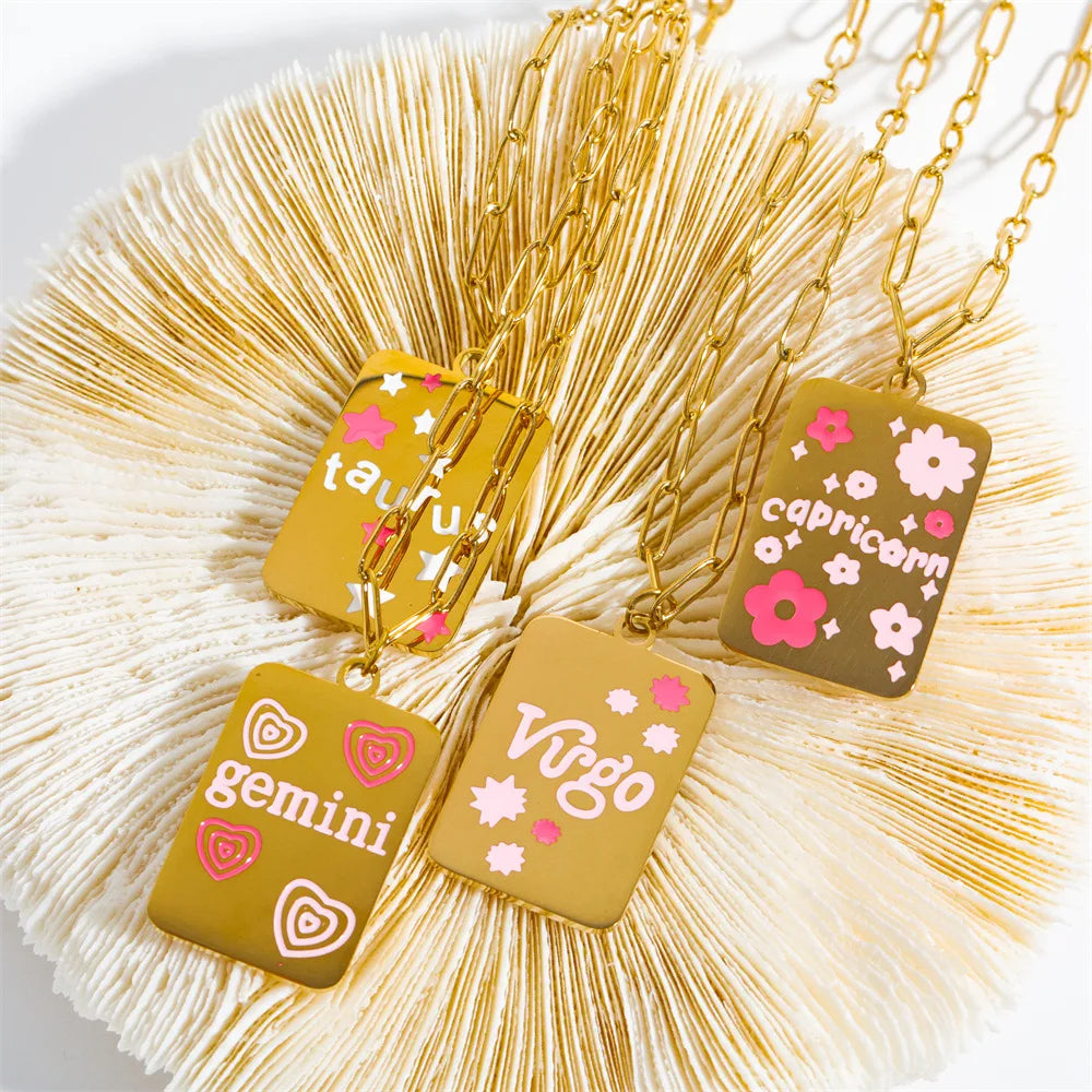 Y2K Jewelry Gold Plated Enamel Alphabet Gemini Zodiac Necklace Stainless Steel Paperclip Chain 12 Zodiac Signs Necklace