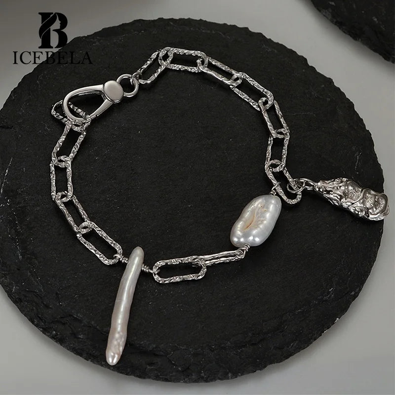 Niche Design S925 Sterling Silver Texture Baroque Pearl Bracelet Platinum Baroque Pearl Bracelet