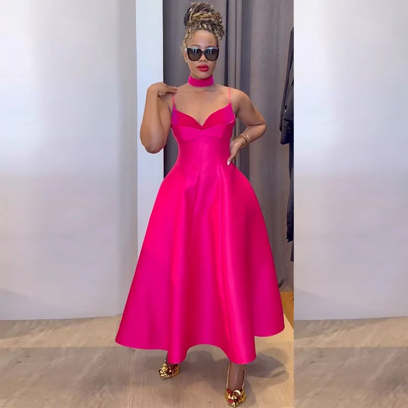 2025 New Clothing French Velvet Patchwork Sling Dresses for Women High Waist Slim Big Swing Solid Evening Dress