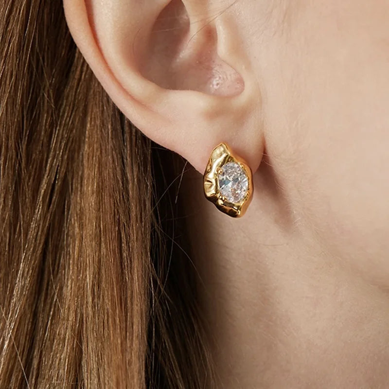 Fashion Jewelry Irregular Texture Inlaid Cubic Zirconia Stud Earrings Stainless Steel 14K Gold Plated Stud Earrings for Women