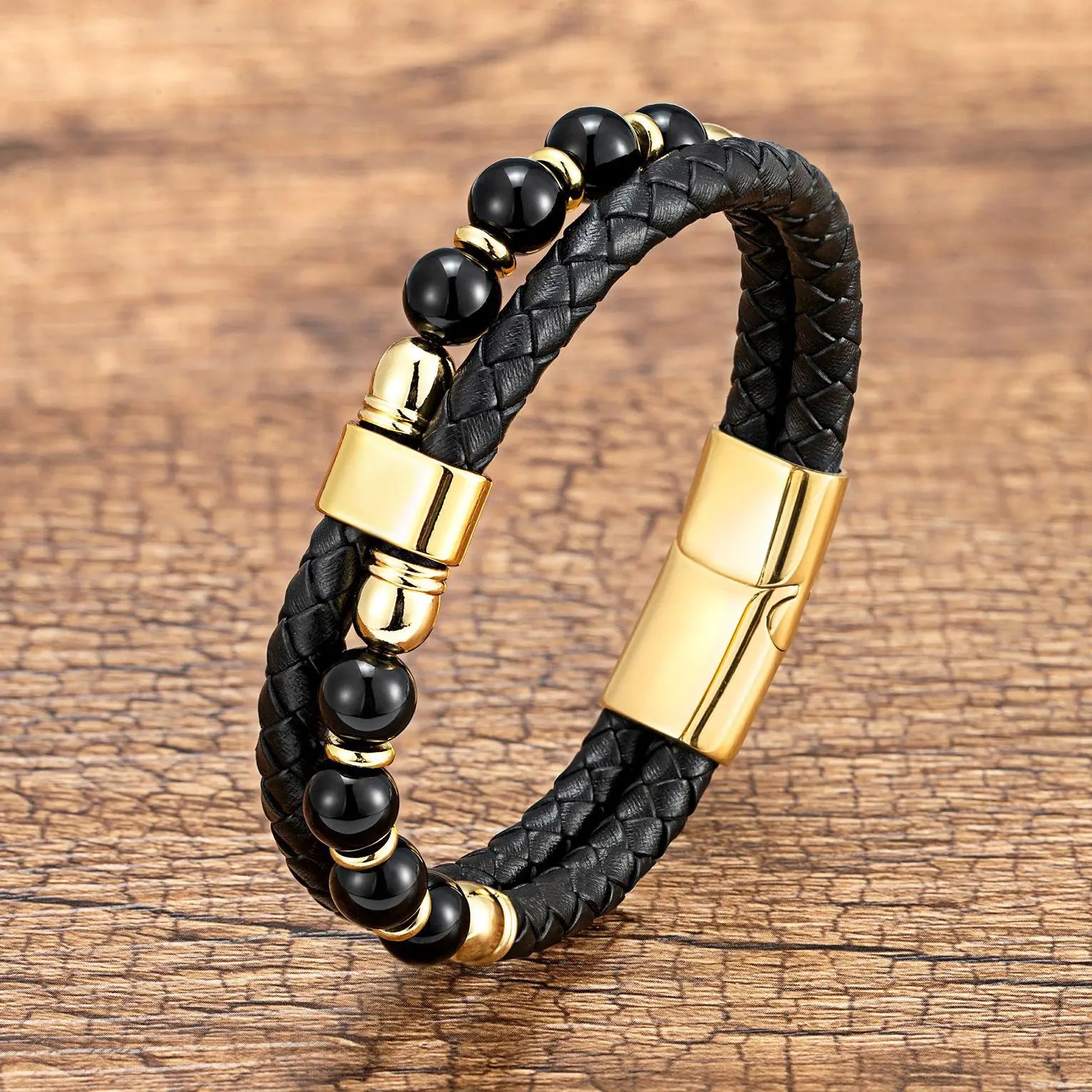 Pulsera HHombre Handmade Double Layers PU Leather Cord Bracelets Stainless Steel Magnetic Clasp Vintage Stone Men Bracelet