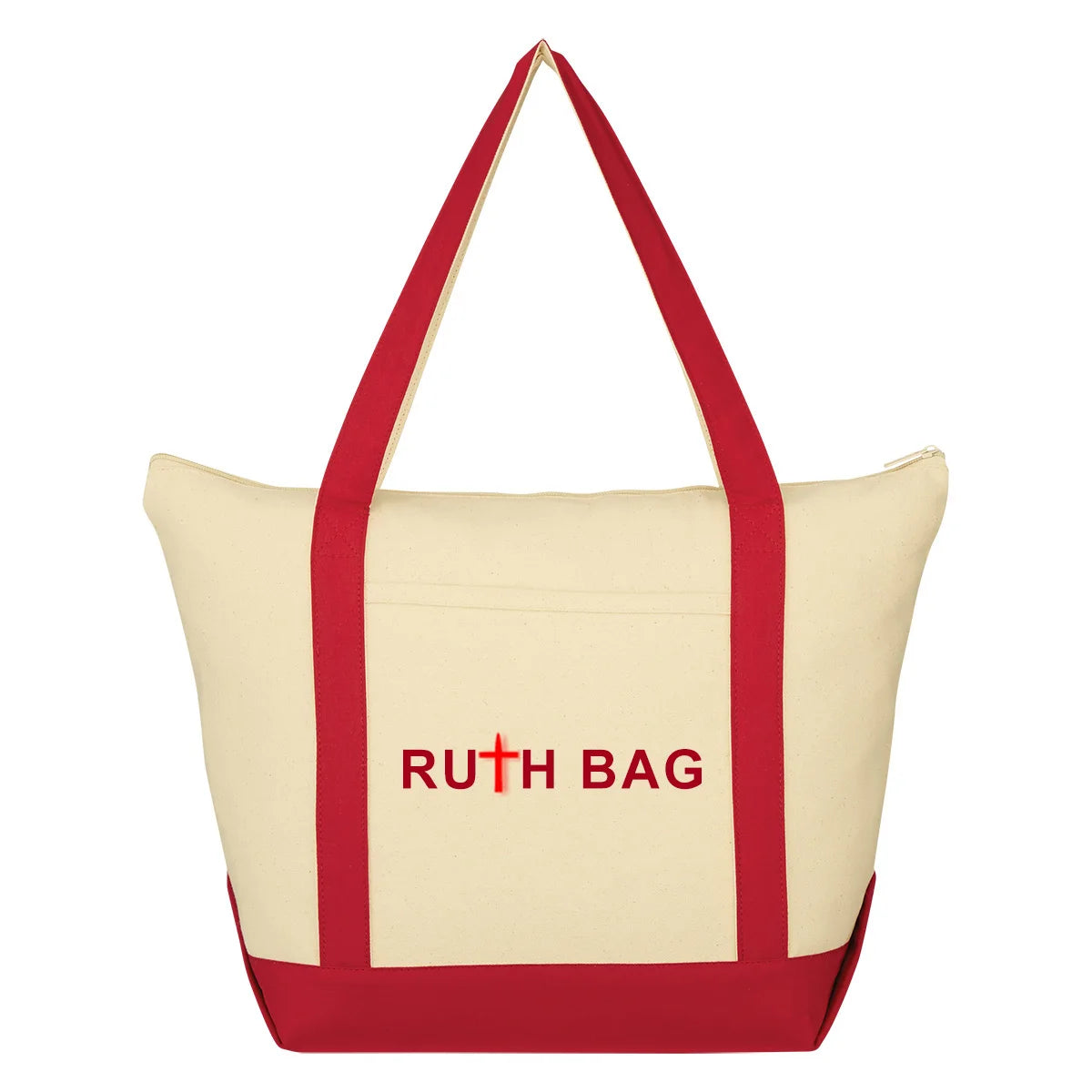 Ruthbag FOLKSY Letter Pattern Medium Canvas Shopping Tote with Bottom Gusset Front Pocket Zippered Closure