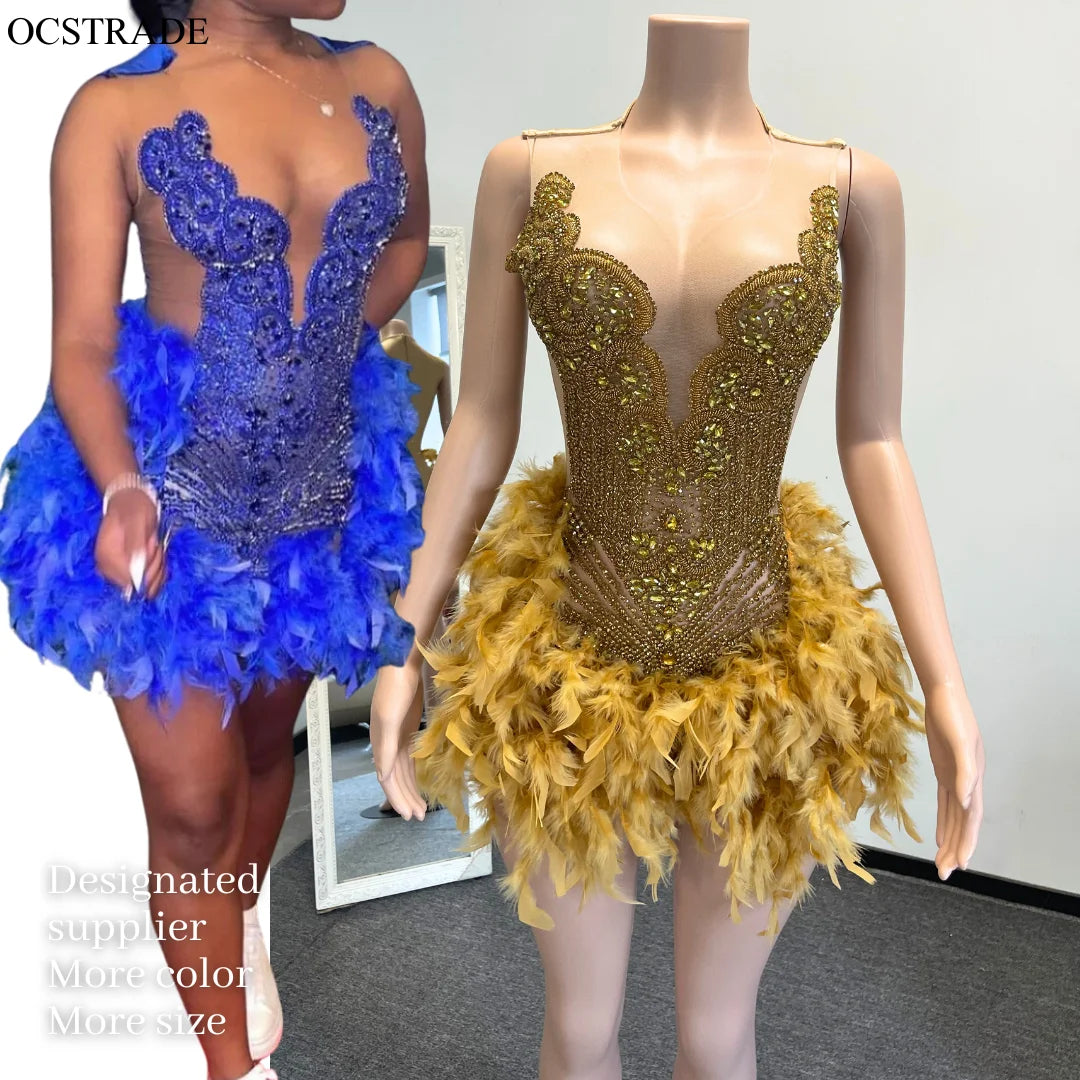 Ocstrade Hot Products V Neck Mini Golden Prom Feather Dress for Club Bar Party Celebrity Red Carpet Sexy Luxury Couture Dress