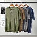 100% Cotton 230g Retro Henley Knit Short Sleeve T-Shirt for Men Business Casual Style Base Shirt Solid Pattern Printed Linen