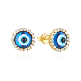 Fashion Jewelry 925 Sterling Silver Round Blue Devil Eye Zircon Diamond Gold Plated Stud Earrings Necklaces for Women