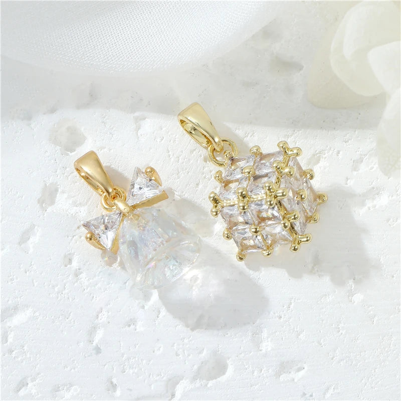 Fashion Brass 14K Gold Plated Cute Micro Inlaid Zircon Bow Bell Cube Design Pendant CZ Charms for Jewelry Making Accessories