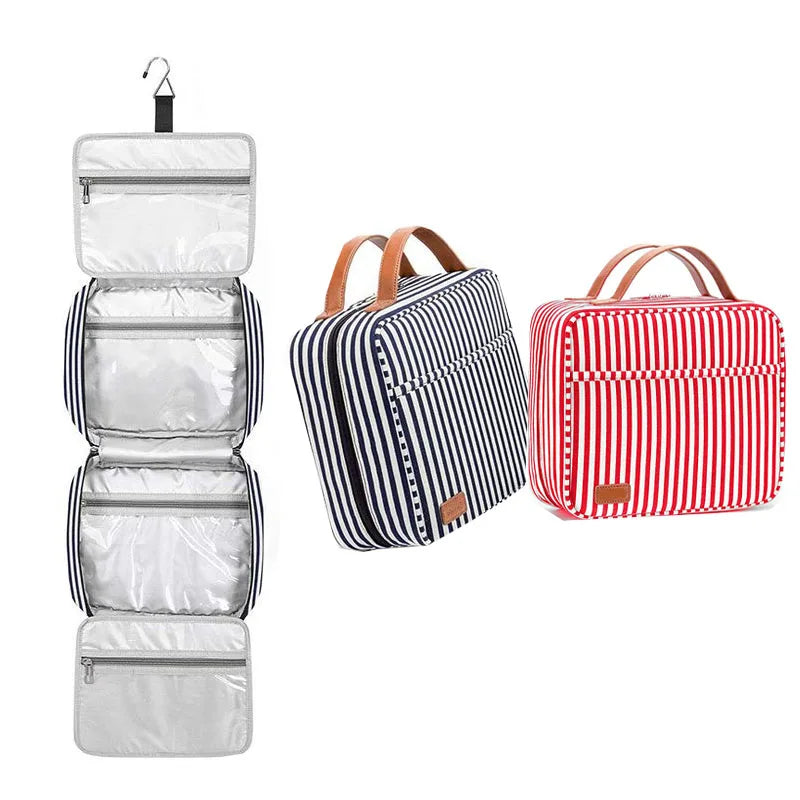 Wholesale Large Capacity Waterproof Striped Canvas Cosmetic Hanging Travel Makeup Organizer Travel Toiletry Bag for Women