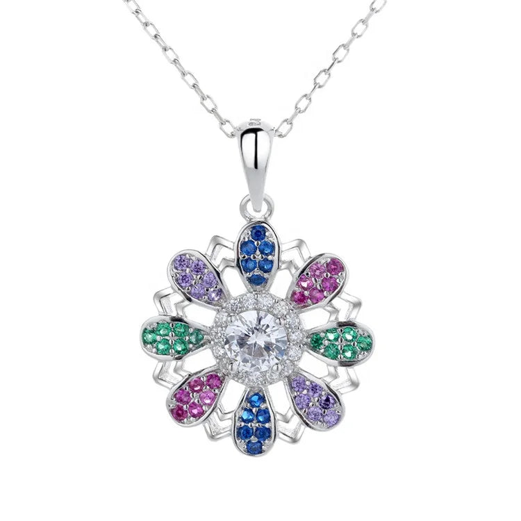 925 Sliver Sun Flower Pendant Necklace Hot Round Inlaid Zirconium Jewelry Personalized Flash Diamond Necklace
