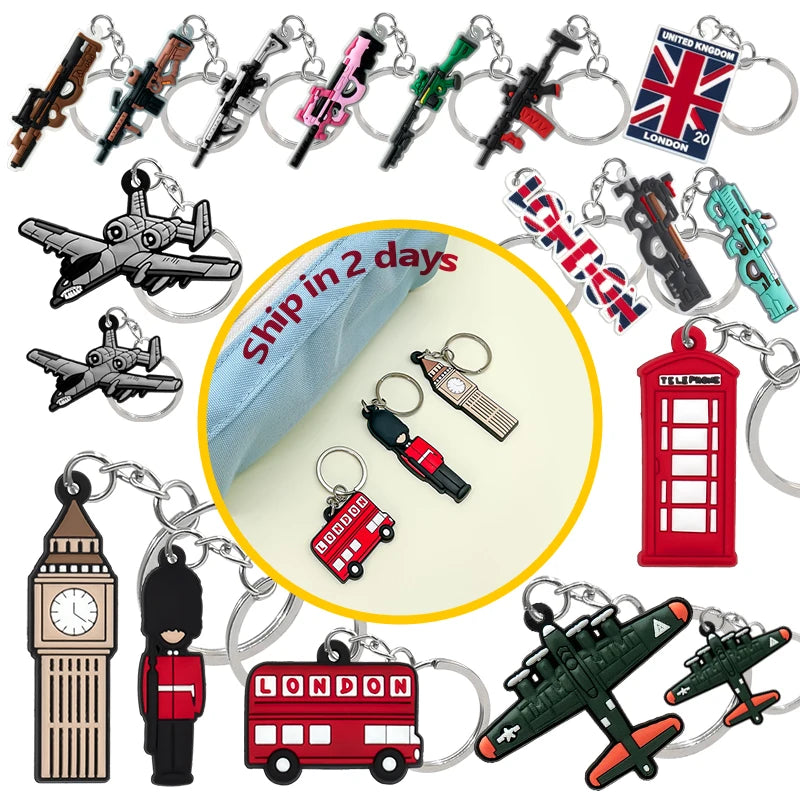 UK Travel Keychains Custom PVC London Icons Including Red Bus Big Ben British Telephone Booth Charms Souvenirs Gift Keychain